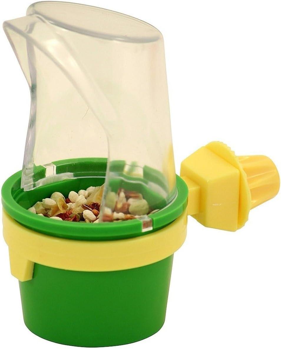 Clear plastic bird feeding cup with hood guard and twist-lock cage attachment.