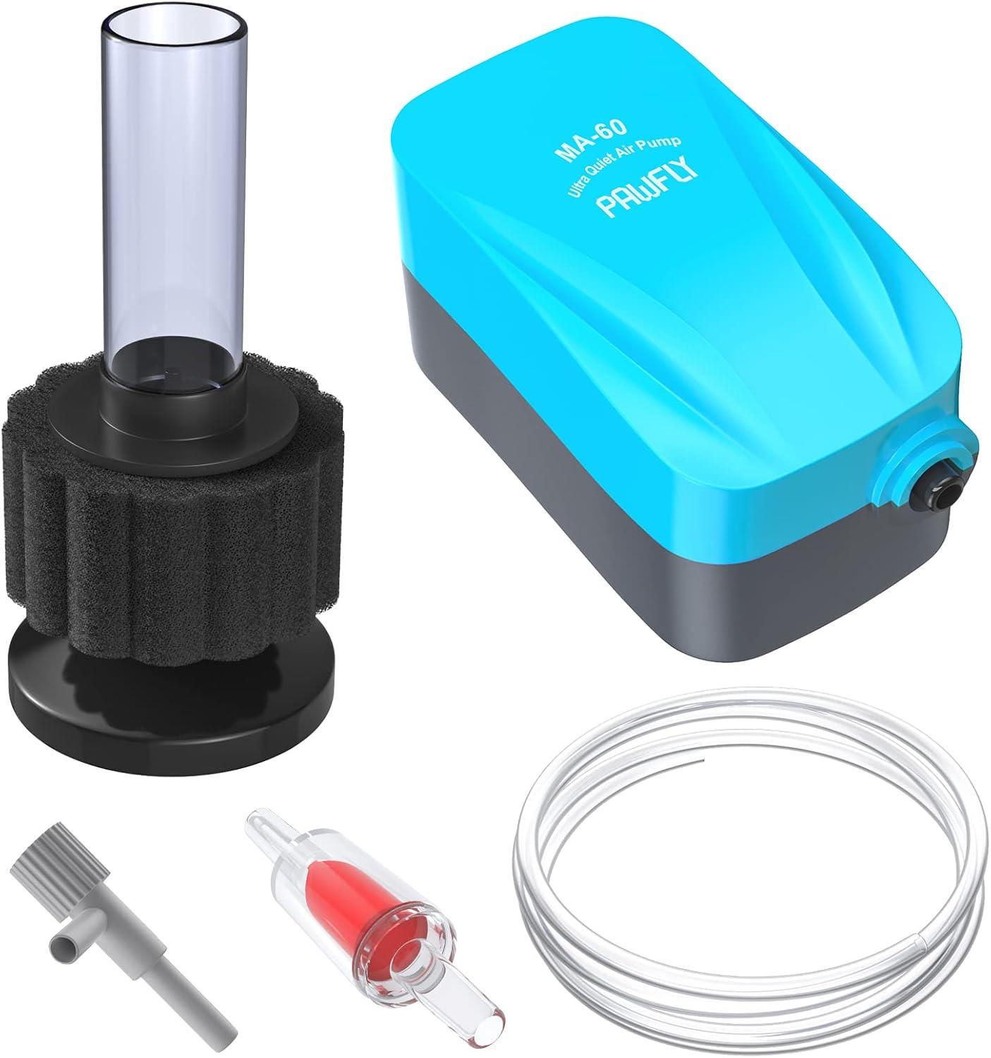 Compact biological foam sponge filter with transparent weighted air lift tube.