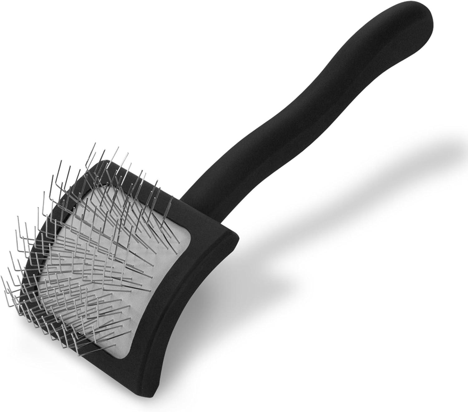 Professional curved slicker brush with extra-long flexible metal pins.