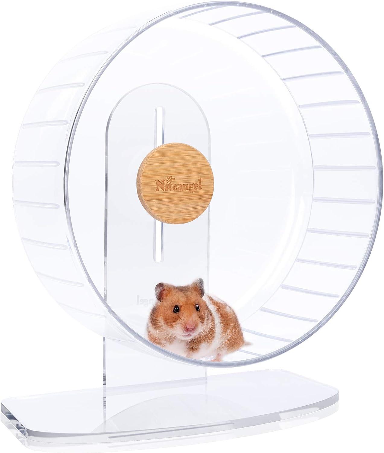 Large silent dual-bearing transparent acrylic hamster running exercise wheel.