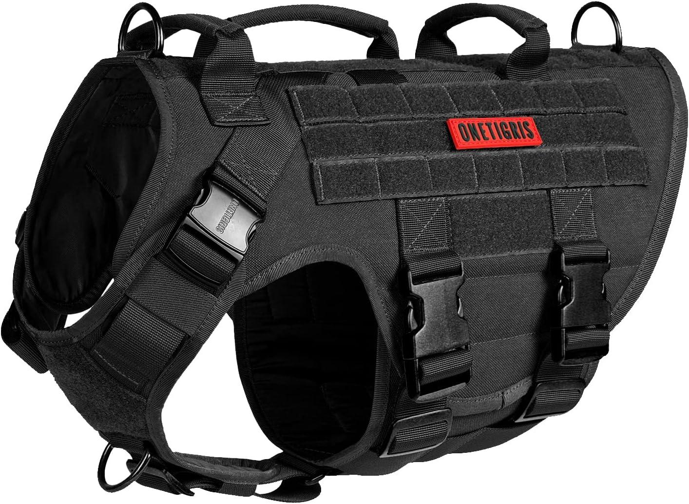 Heavy-duty nylon tactical military style harness with metal buckles and handle.
