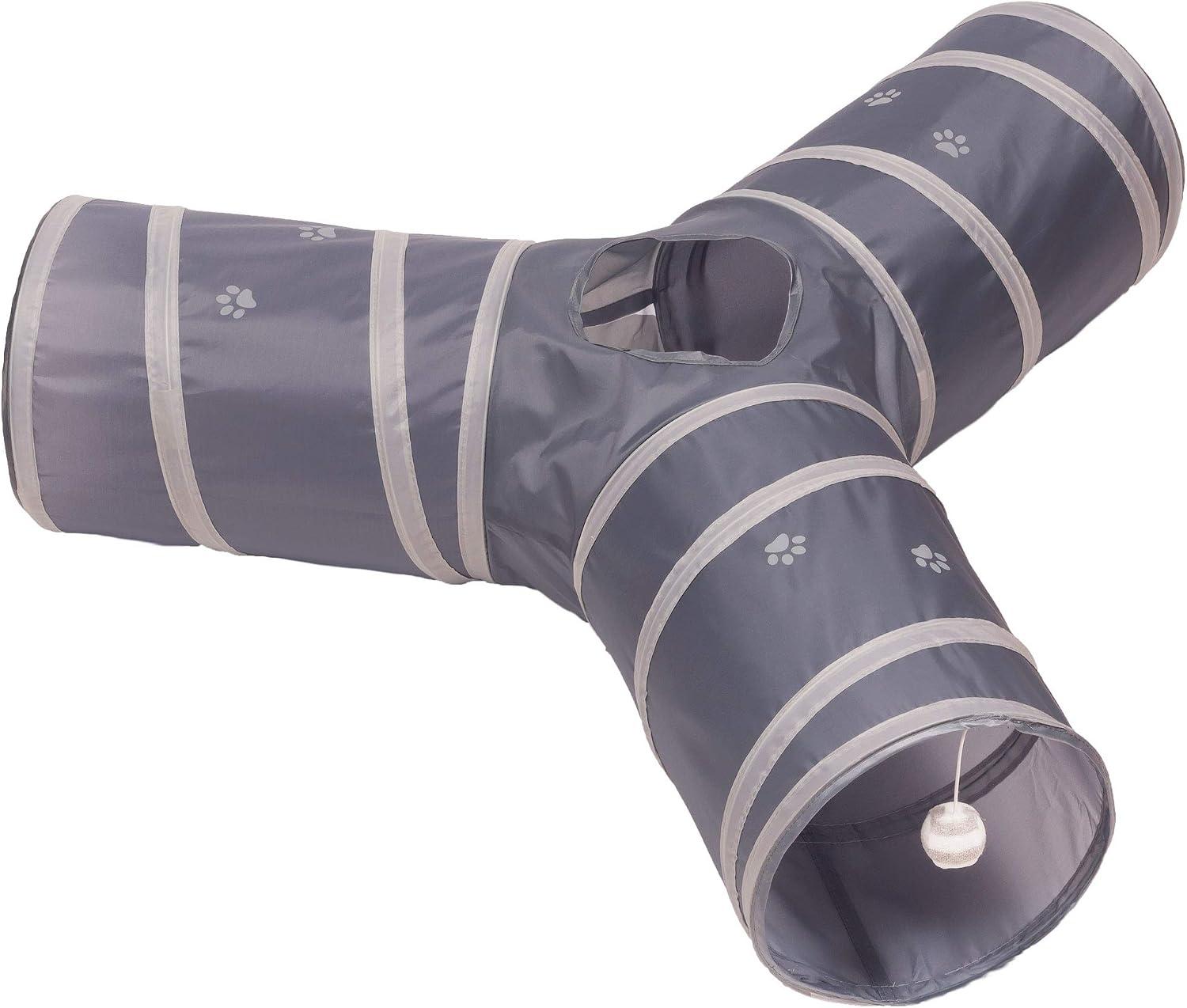 Three-way collapsible pet play tunnel with central peephole and hanging bell ball.