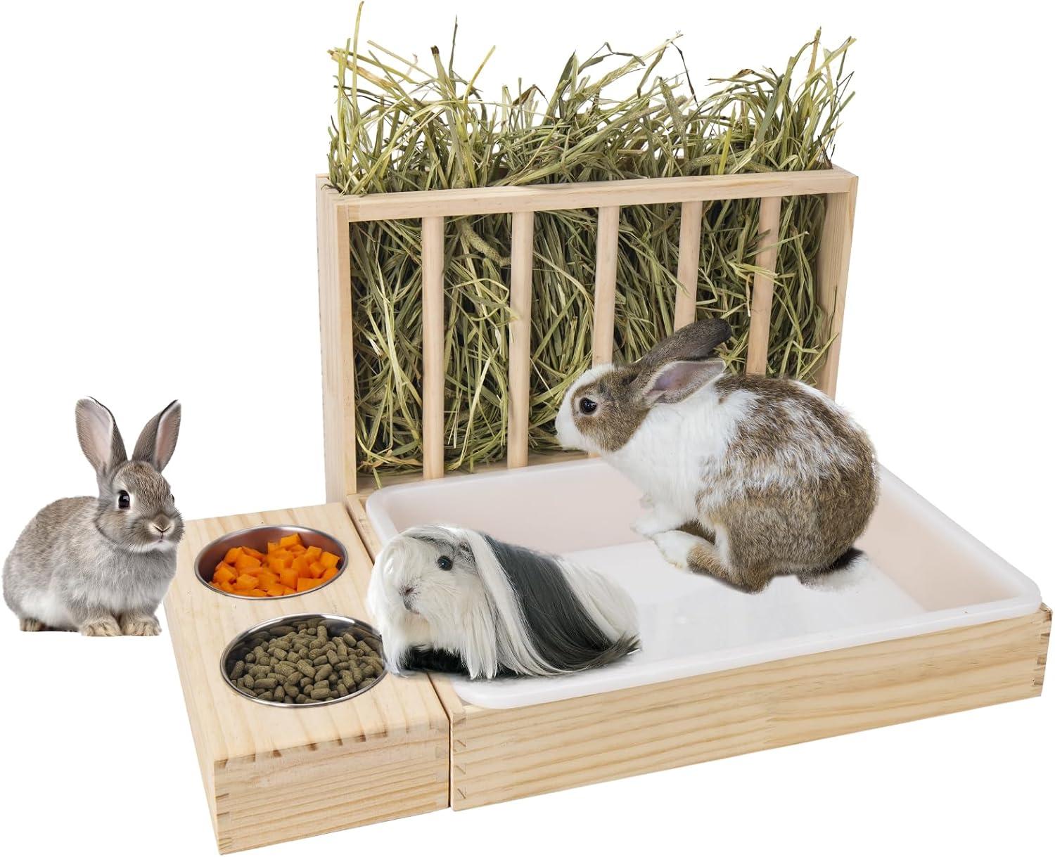 Natural wooden hay feeder rack mounted above an extra-deep plastic litter box.