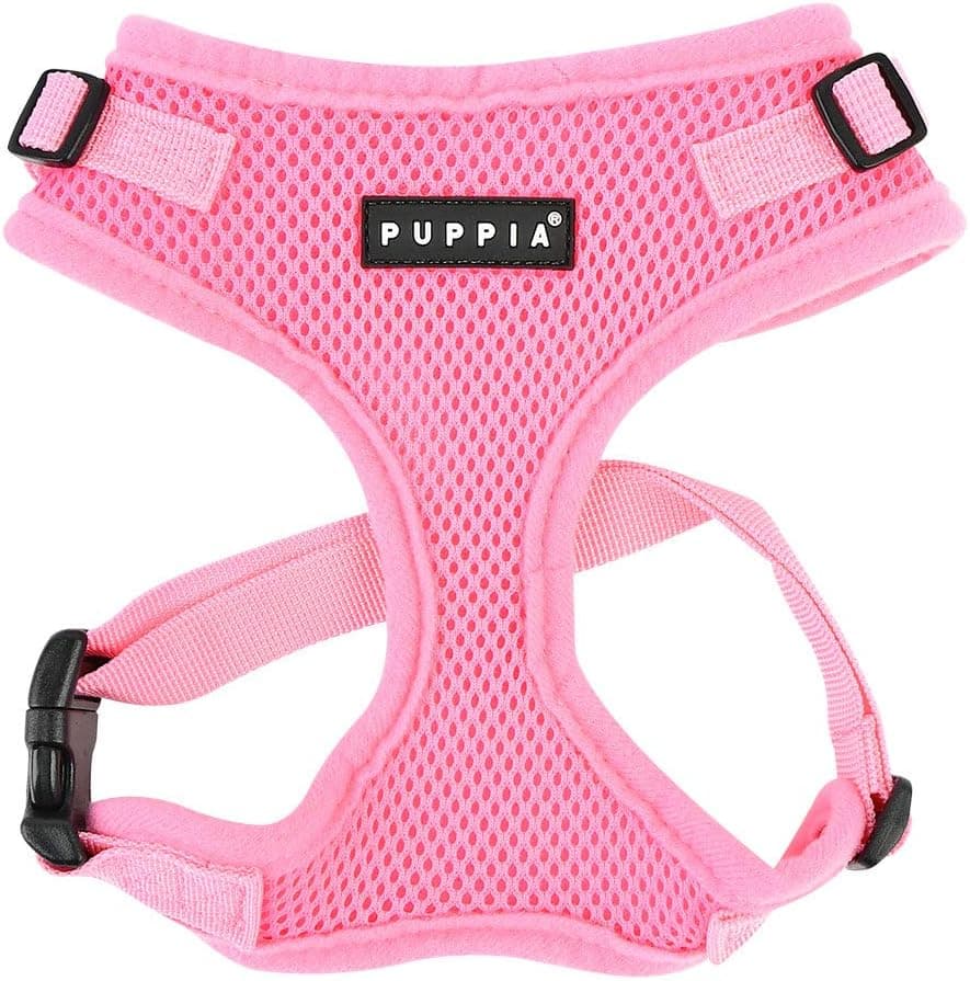 Padded breathable air mesh dog harness with dual quick-release neck closures.