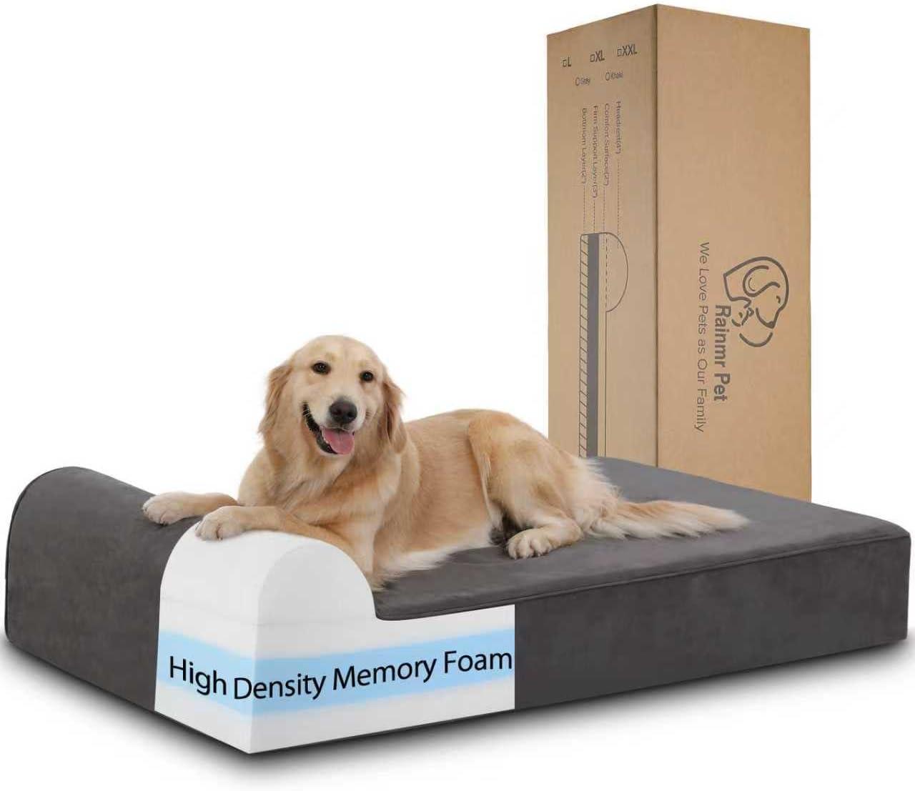 Spacious memory foam orthopedic pet sofa with supportive perimeter bolsters.