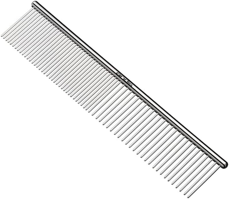 High-grade stainless steel dual-sided pet comb with coarse and fine teeth.