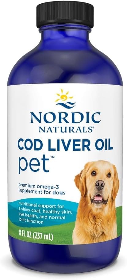 Bottle of pure wild anchovy and sardine omega-3 fish oil for dogs.