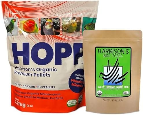Bag of certified organic fine extruded bird food pellets for small parrots.
