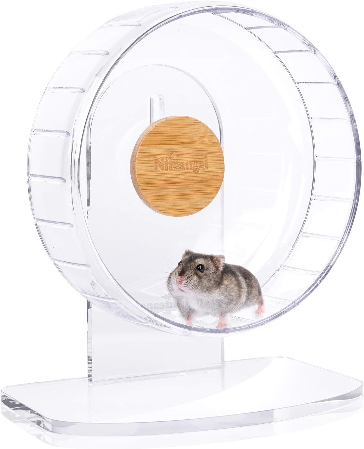 Compact silent acrylic spinner exercise wheel for dwarf and roborovski hamsters.