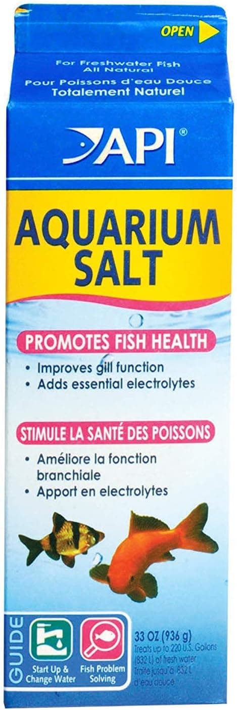 Carton of pure evaporated sea salt crystals for freshwater fish health.