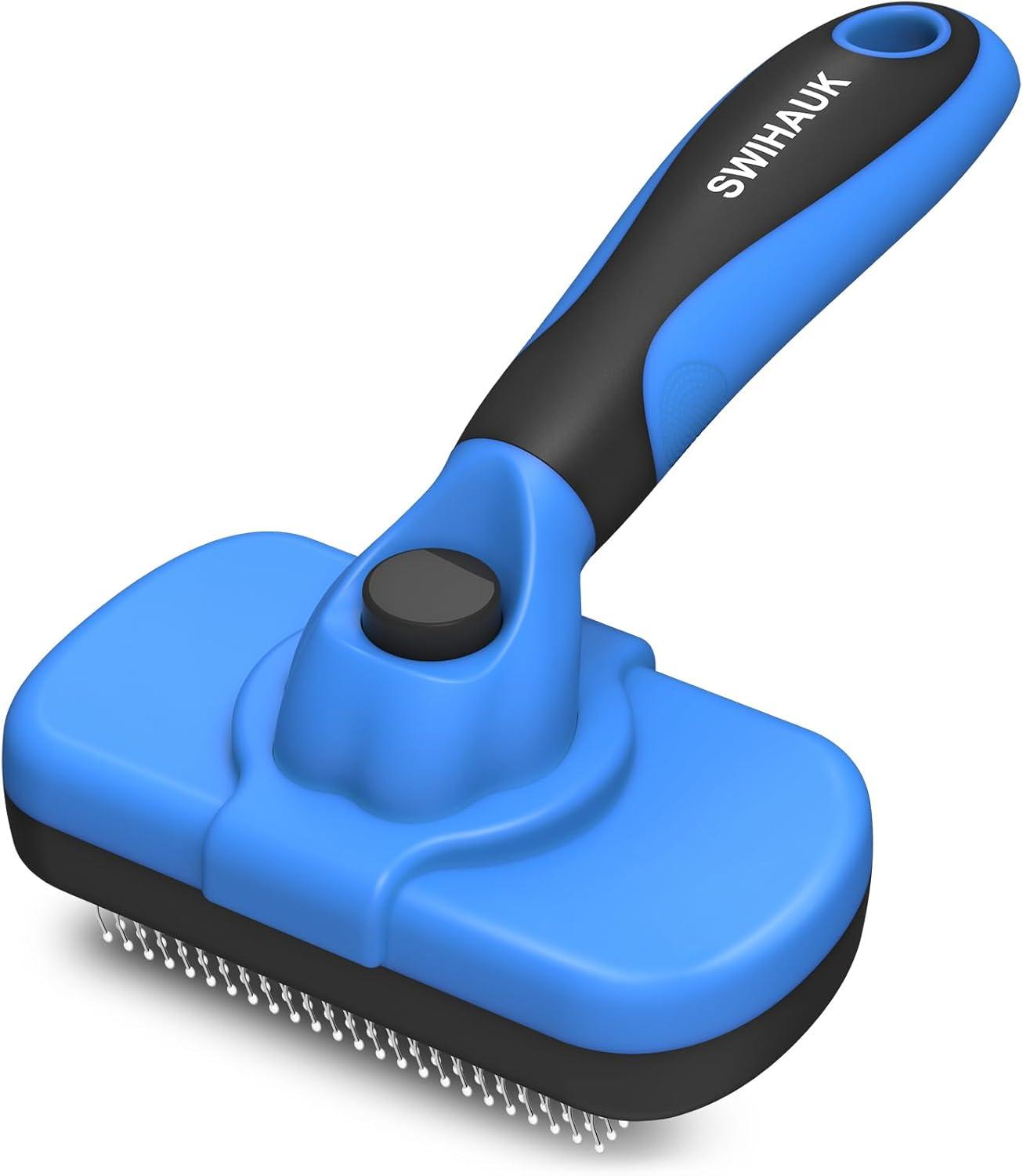 Retractable self-cleaning fine bristle slicker brush for dense cat fur.