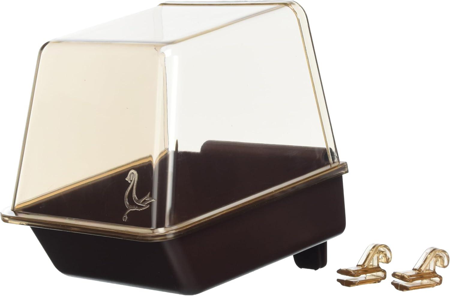 Transparent hooded plastic bird bath with universal cage door mounting clips.