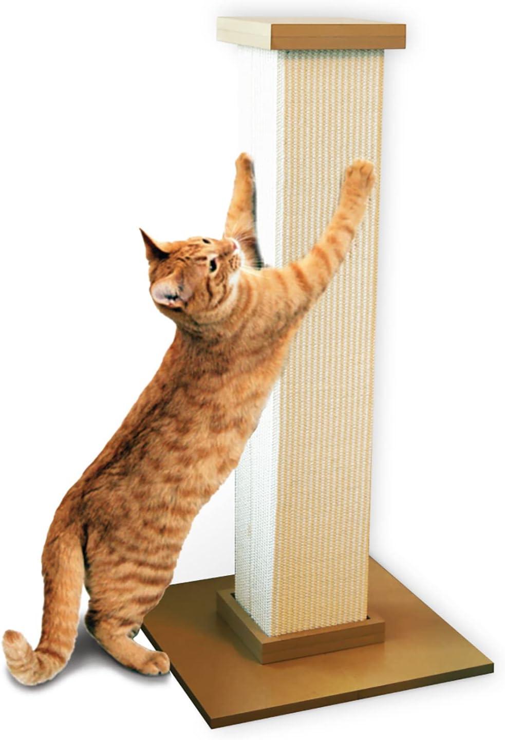 Extra-tall fibrous woven sisal scratching post with heavy stable wooden base.
