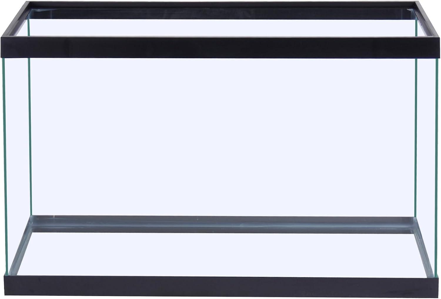 Tall vertical glass aquarium tank with black trim and silicone seams.