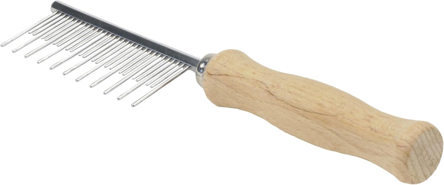 Stainless steel grooming comb with alternating long and short rounded teeth.