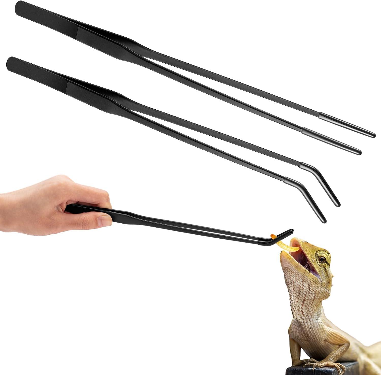 Pair of 10-inch surgical stainless steel curved precision aquarium feeding tweezers.