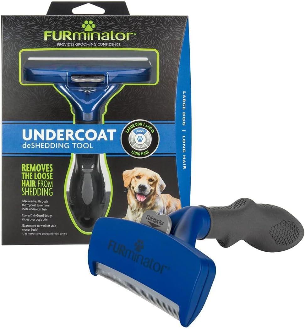 Ergonomic stainless steel undercoat deshedding tool with fur ejector button.