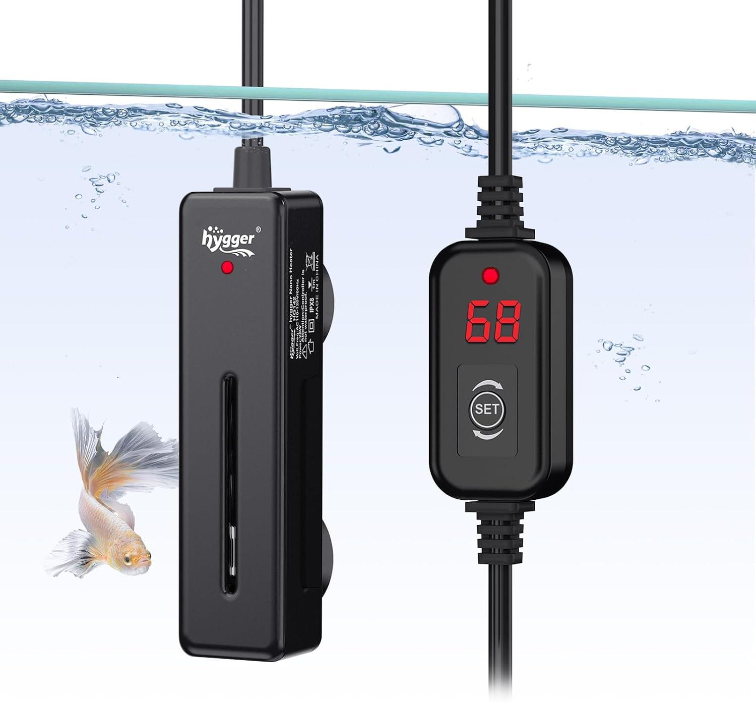 Compact submersible aquarium heater with automatic electronic thermostat.