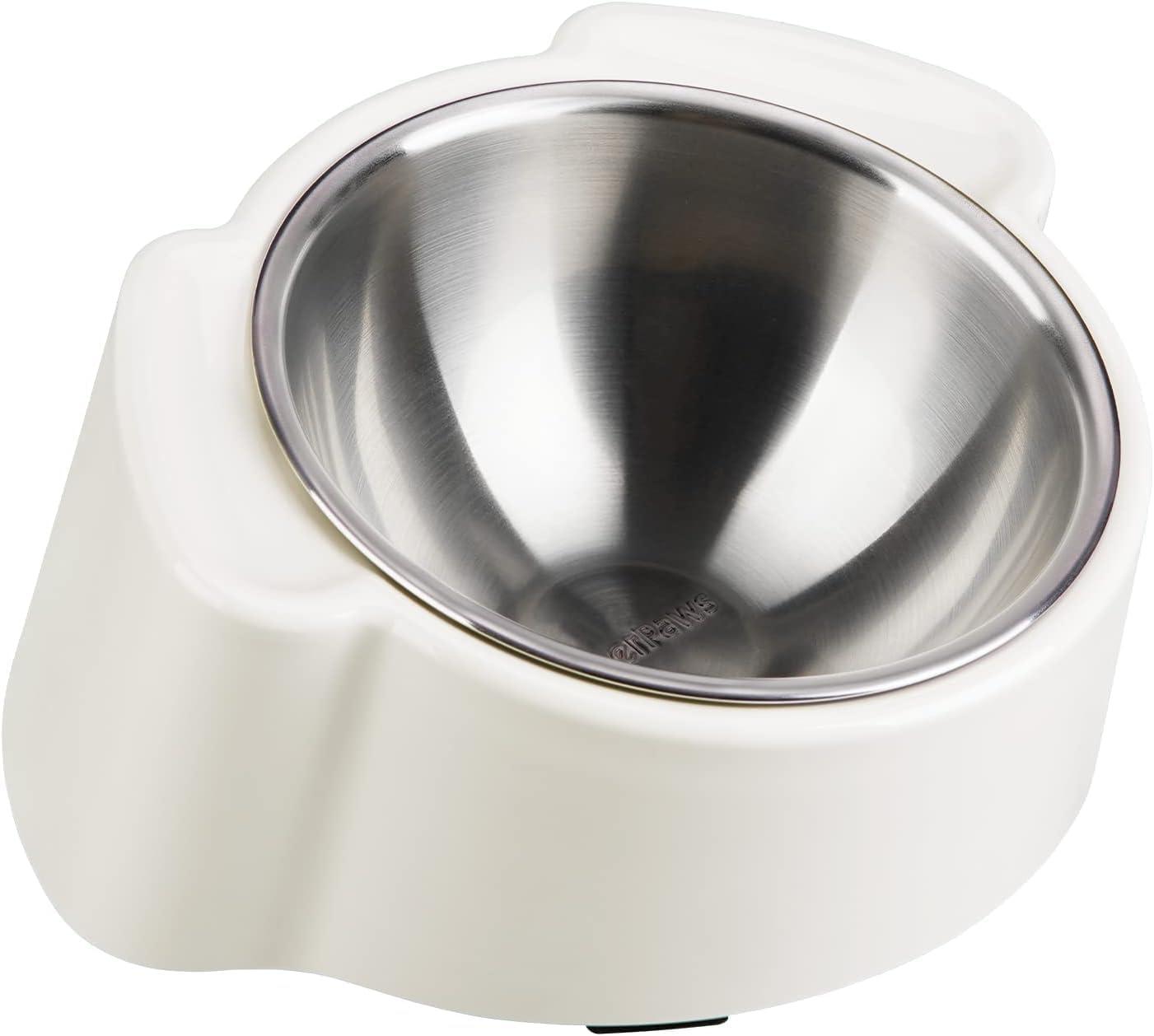 Slanted stainless steel feeder bowl in non-skid melamine base.