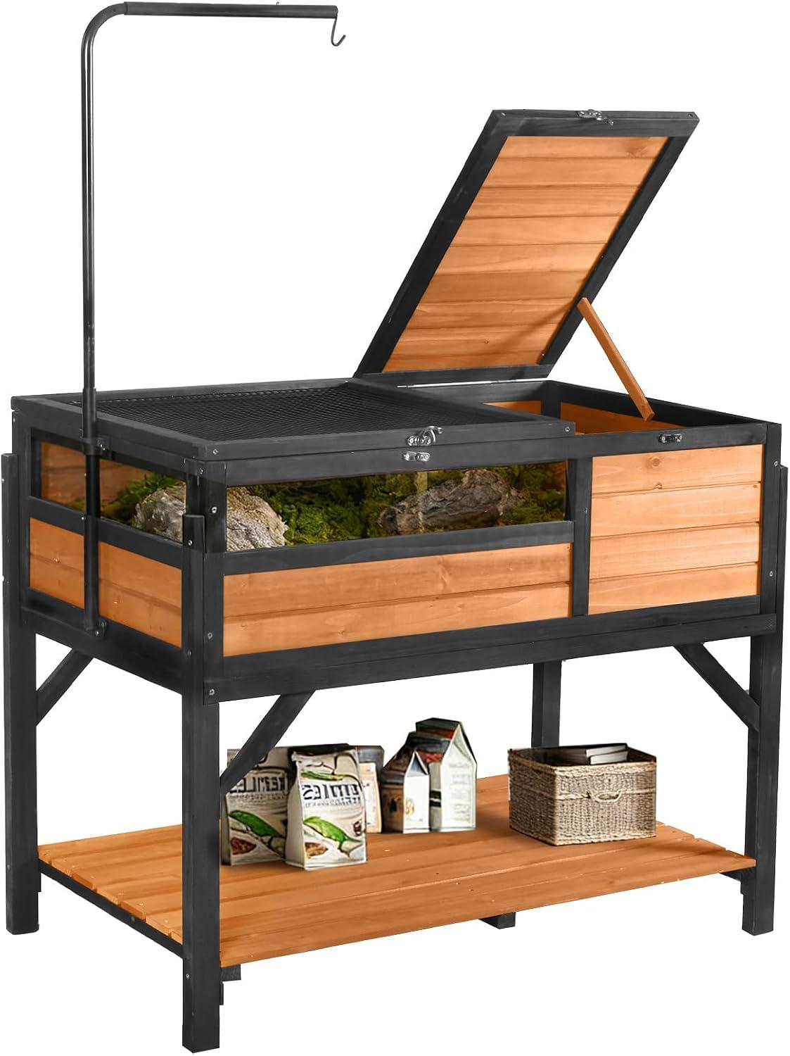 Solid fir wood two-room tortoise table enclosure with wire roof and sleep compartment.