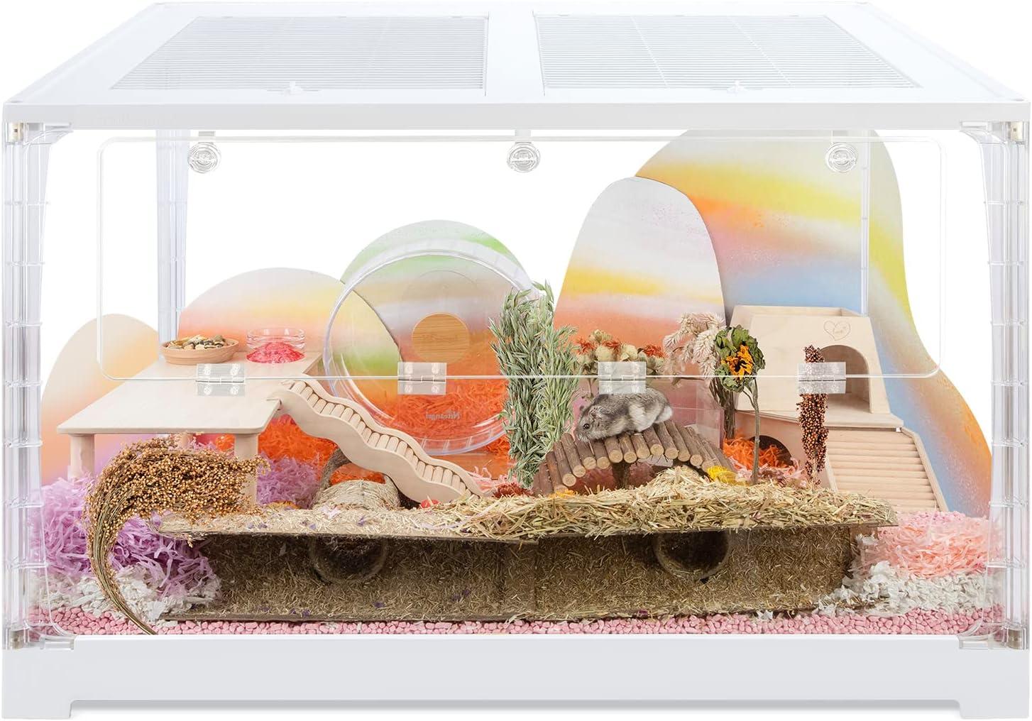 Large transparent wooden frame glass hamster cage with deep burrowing bed base.