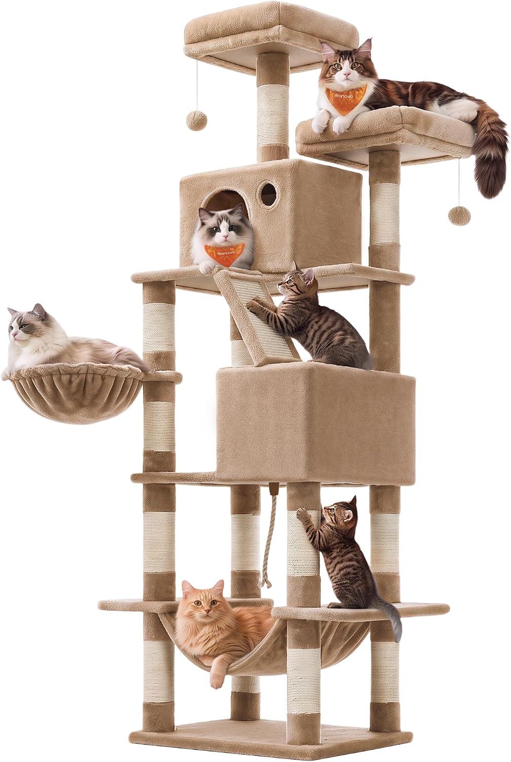 Multi-level cat tree condo with padded top perch and sisal scratching posts.