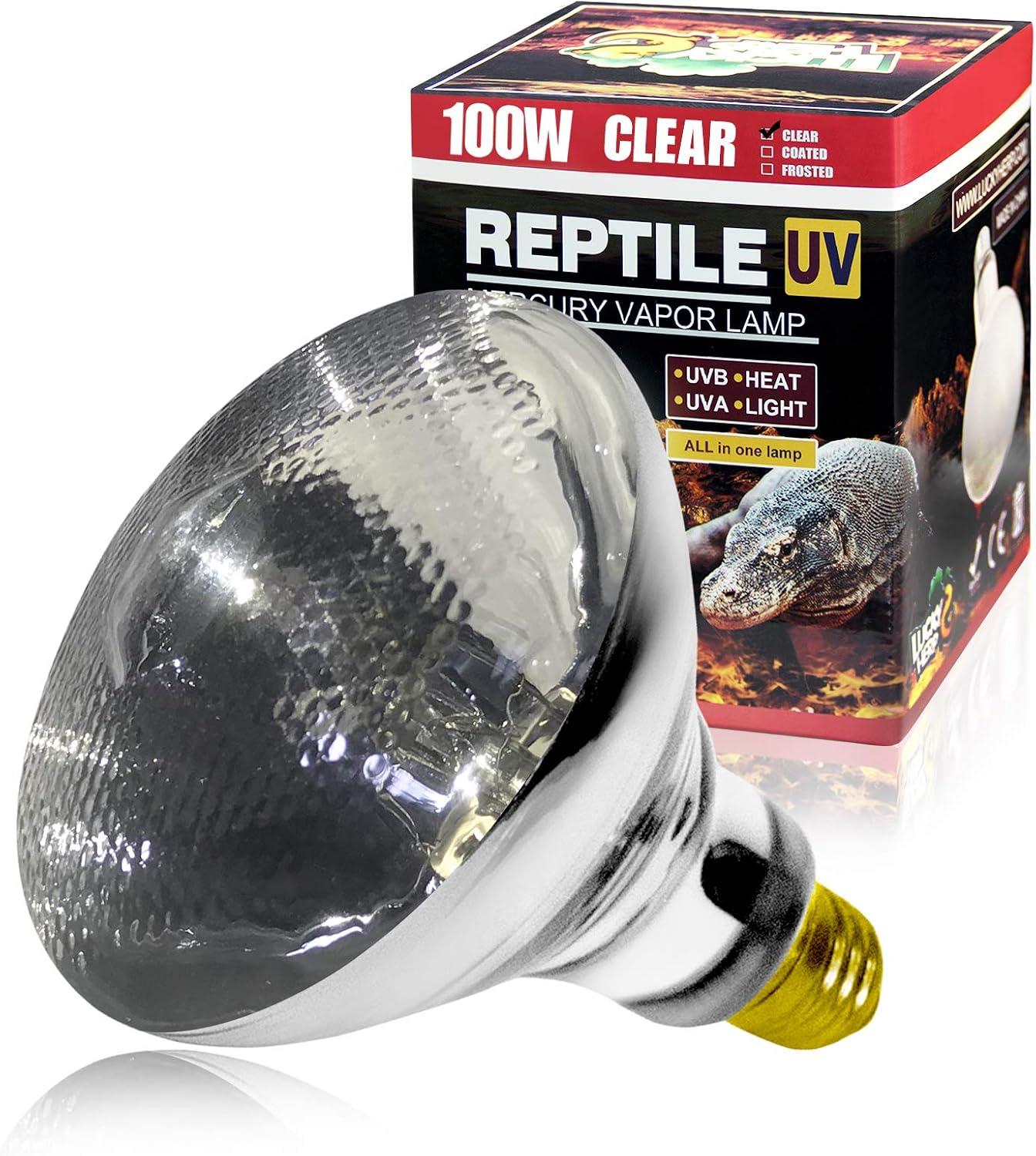 Self-ballasted mercury vapor bulb emitting intense basking heat and full-spectrum UVB.
