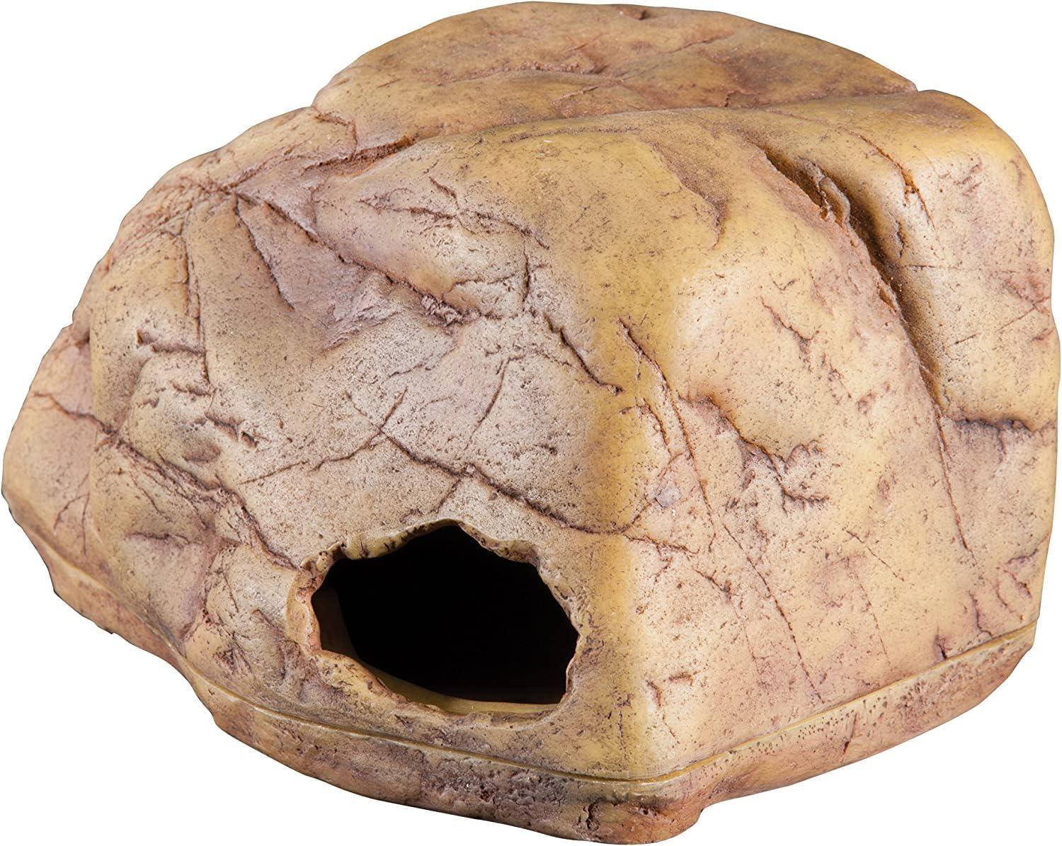 Naturalistic two-part resin gecko cave hide with removable moisture lid.
