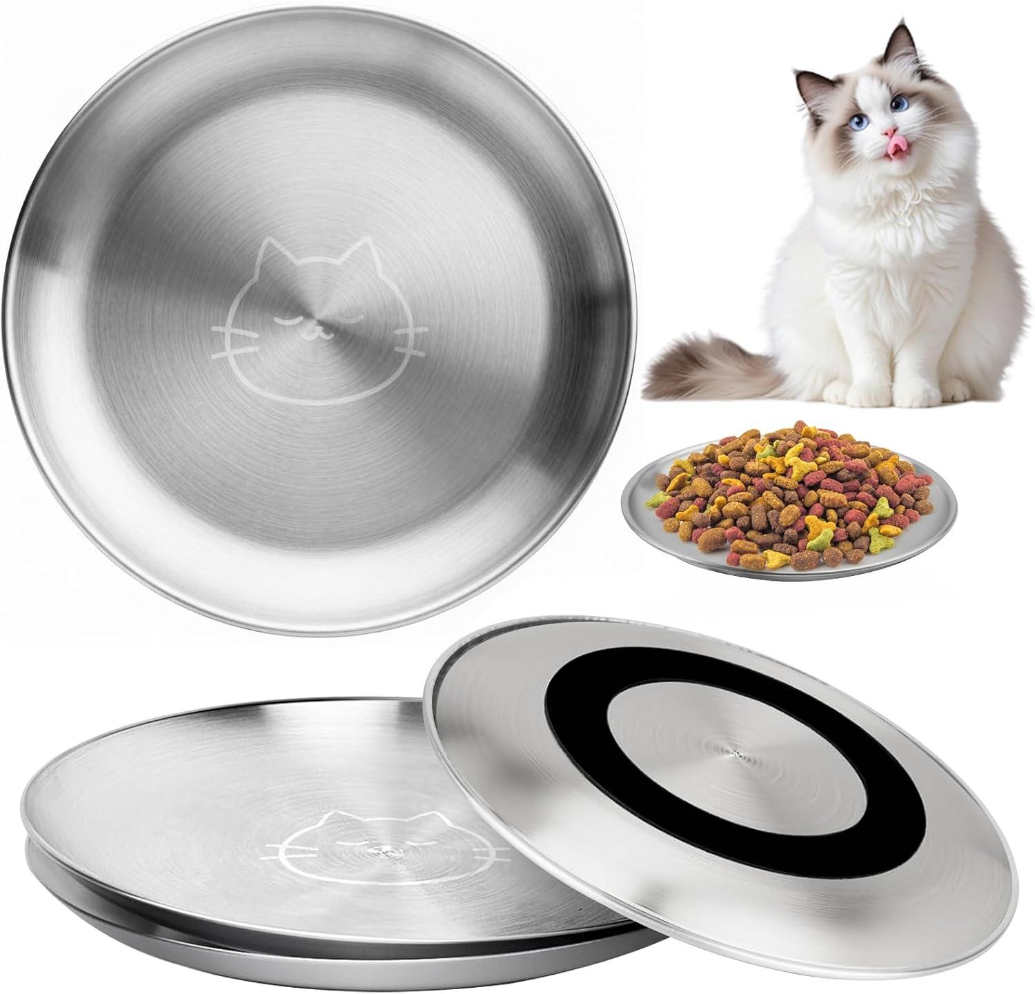 Shallow stainless steel dish with non-skid silicone base for cat whisker comfort.