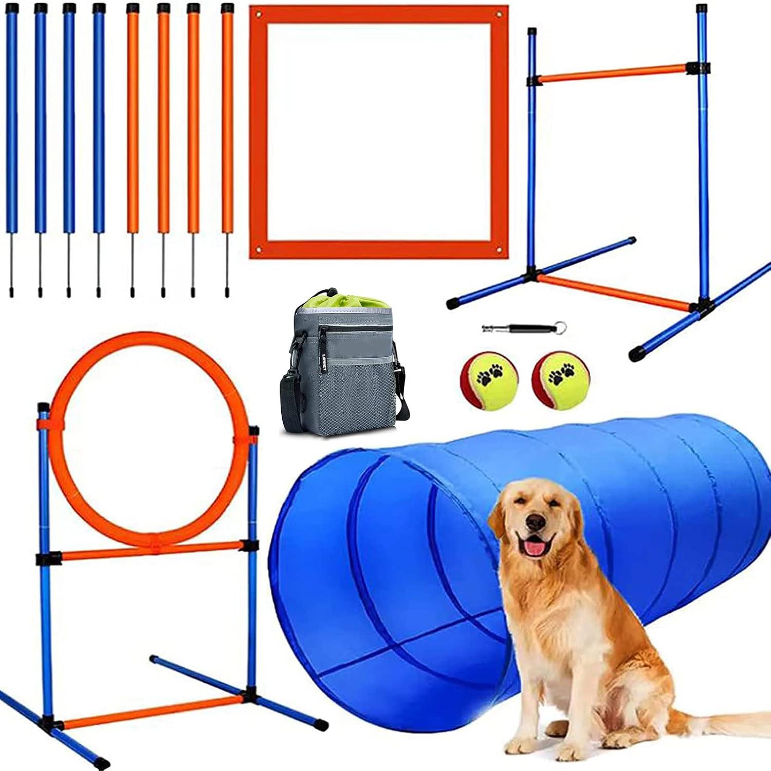 Complete outdoor dog agility kit with hurdle jump, weave poles, and tunnel.