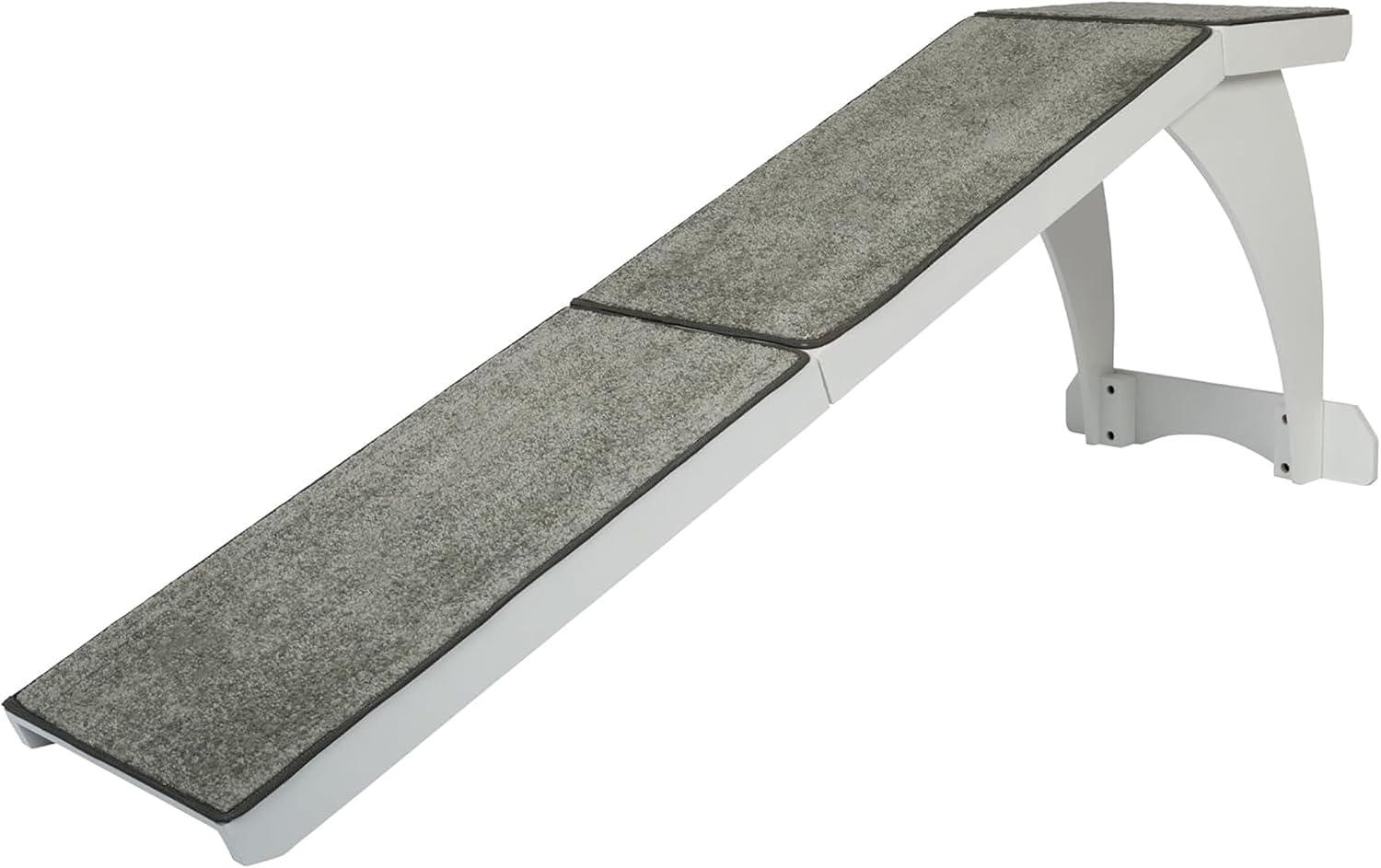 Adjustable wooden incline pet ramp with ribbed traction carpet surface.