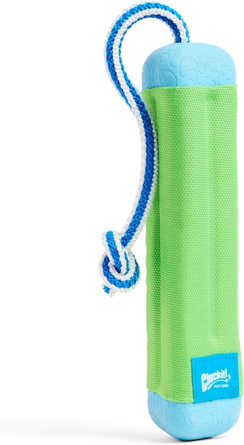 Bright orange and blue floating fetch dummy bumper with knotted throw rope.