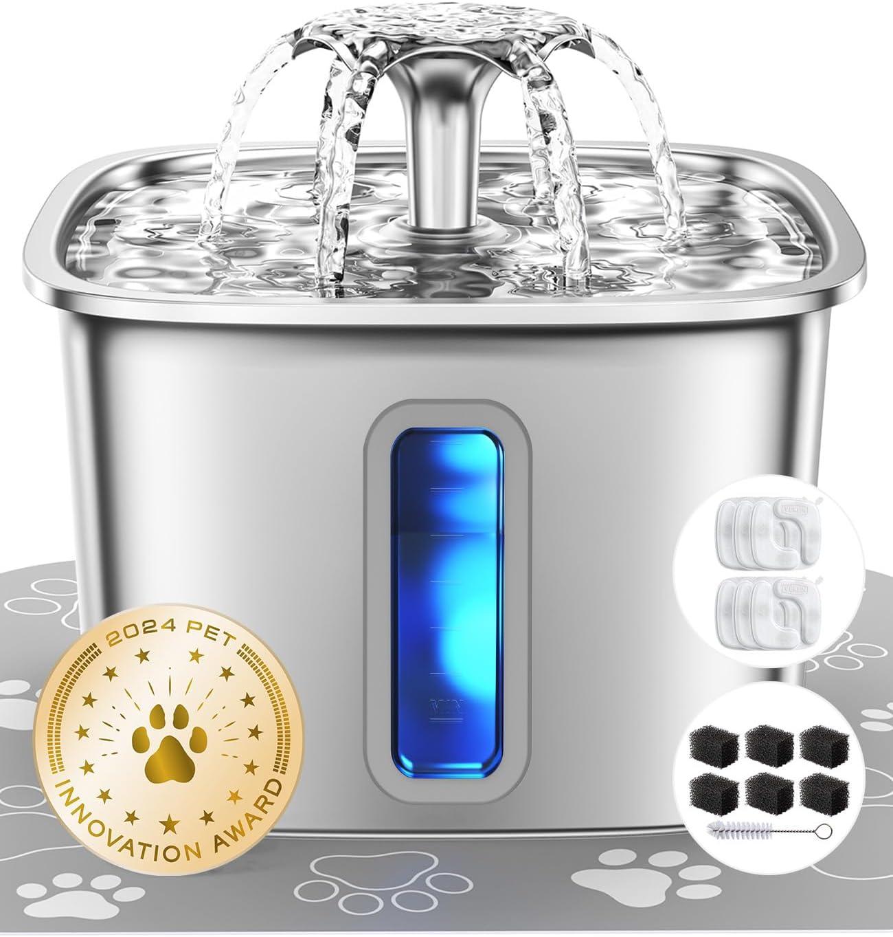 Stainless steel water fountain with raised curved faucet stream spout.