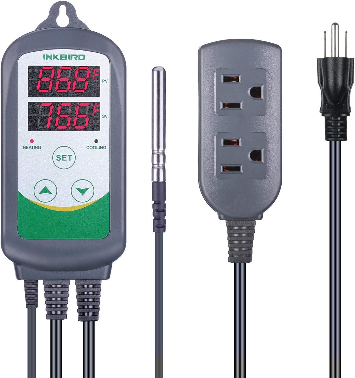 Digital dual-stage temperature controller with probe cord and outlet plug.
