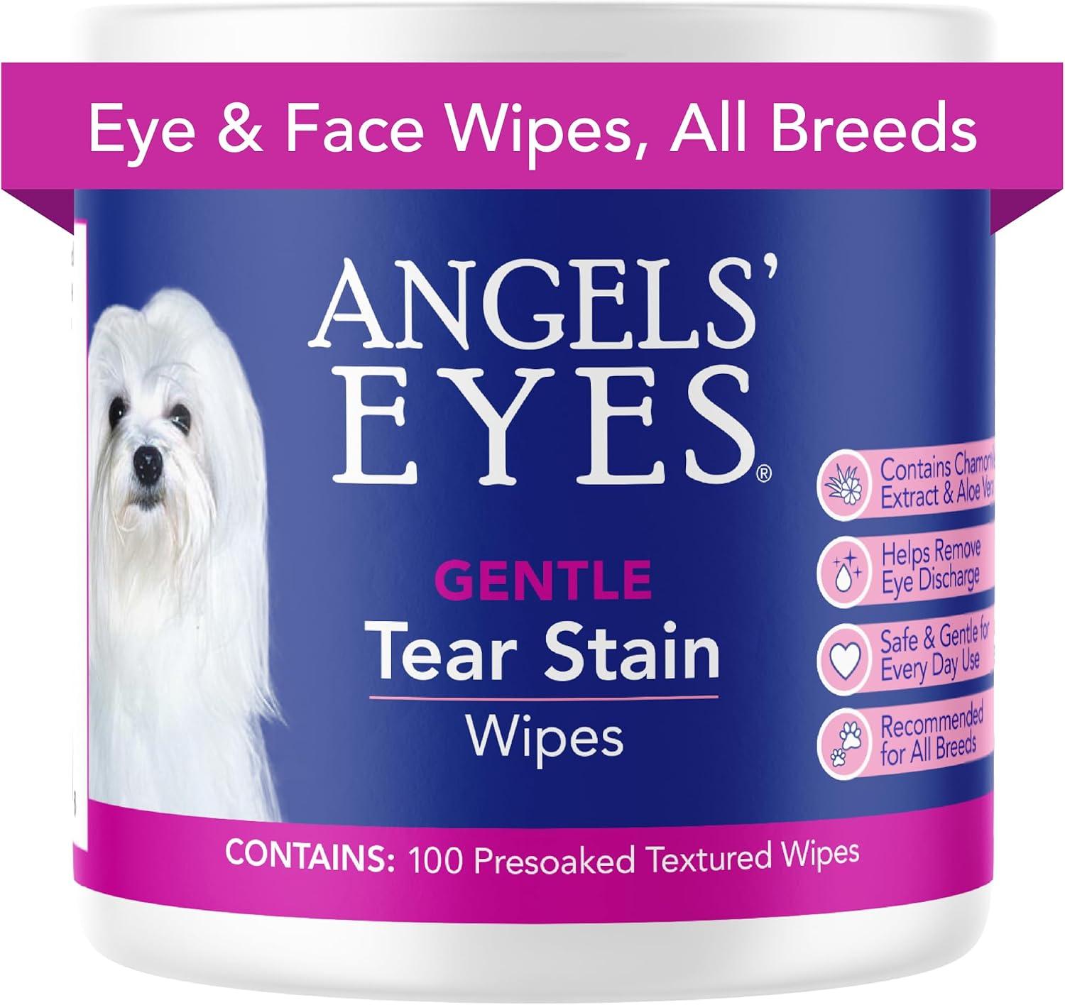 Tub of pre-soaked textured wipes for removing tear stains around pet eyes.