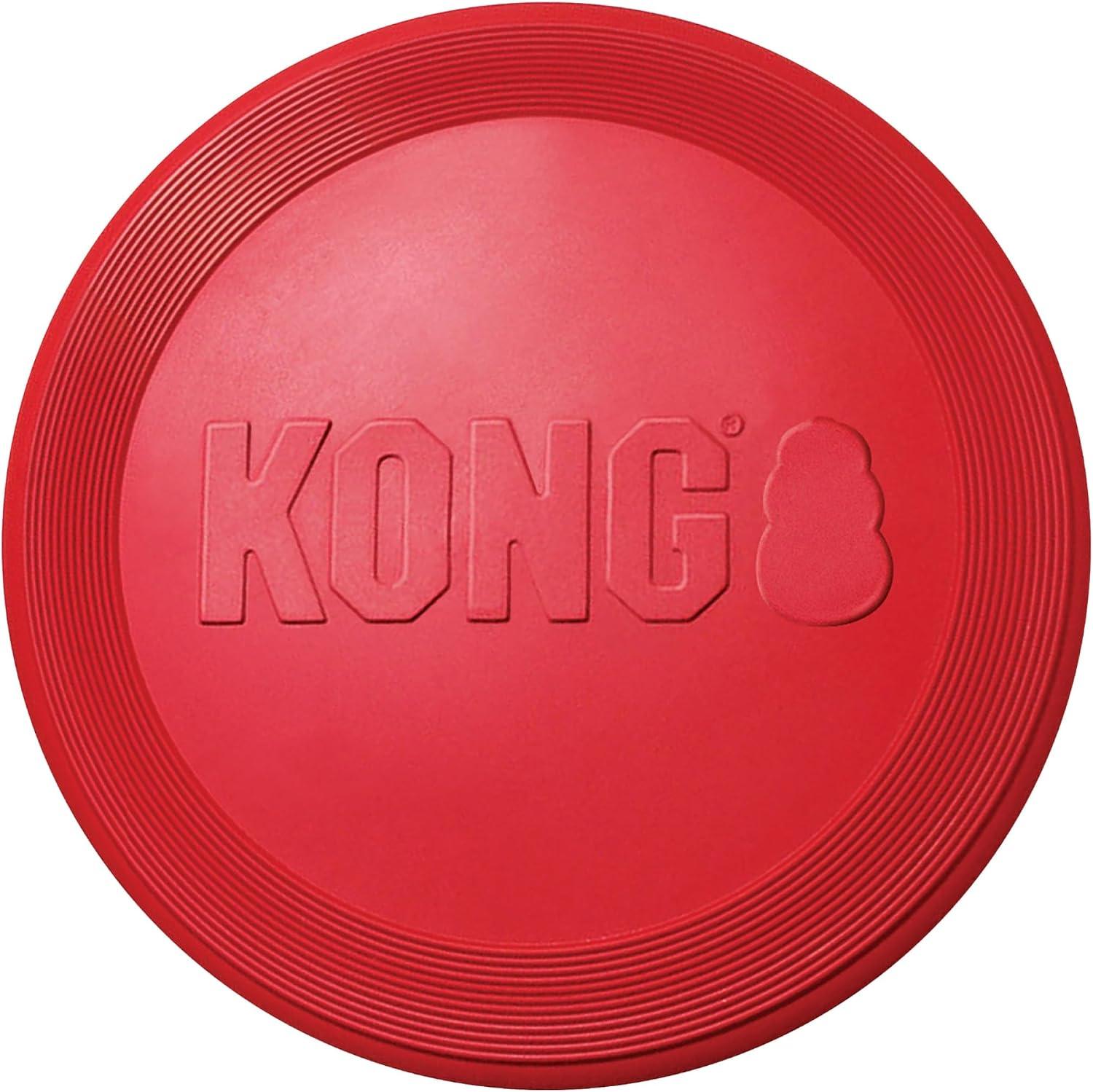 Flexible red natural rubber flyer disc designed for canine teeth safety.
