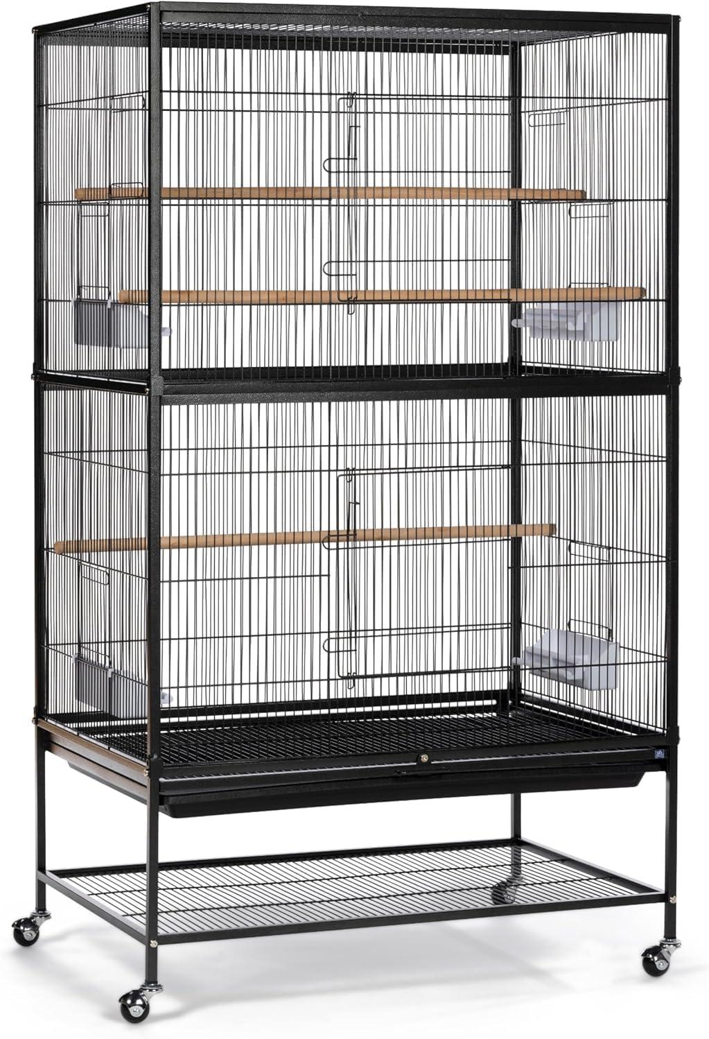 Large wrought iron flight bird cage on rolling casters with pull-out tray.