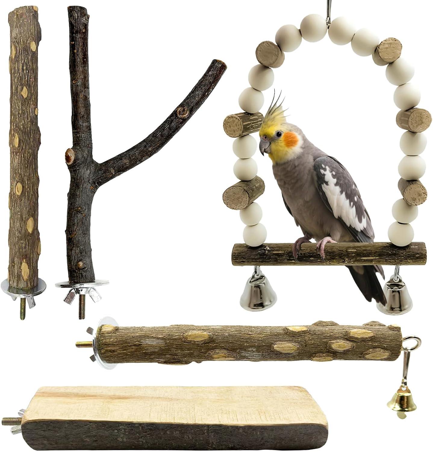 Arch-shaped wire hanging bird swing with natural pumice conditioning perch.