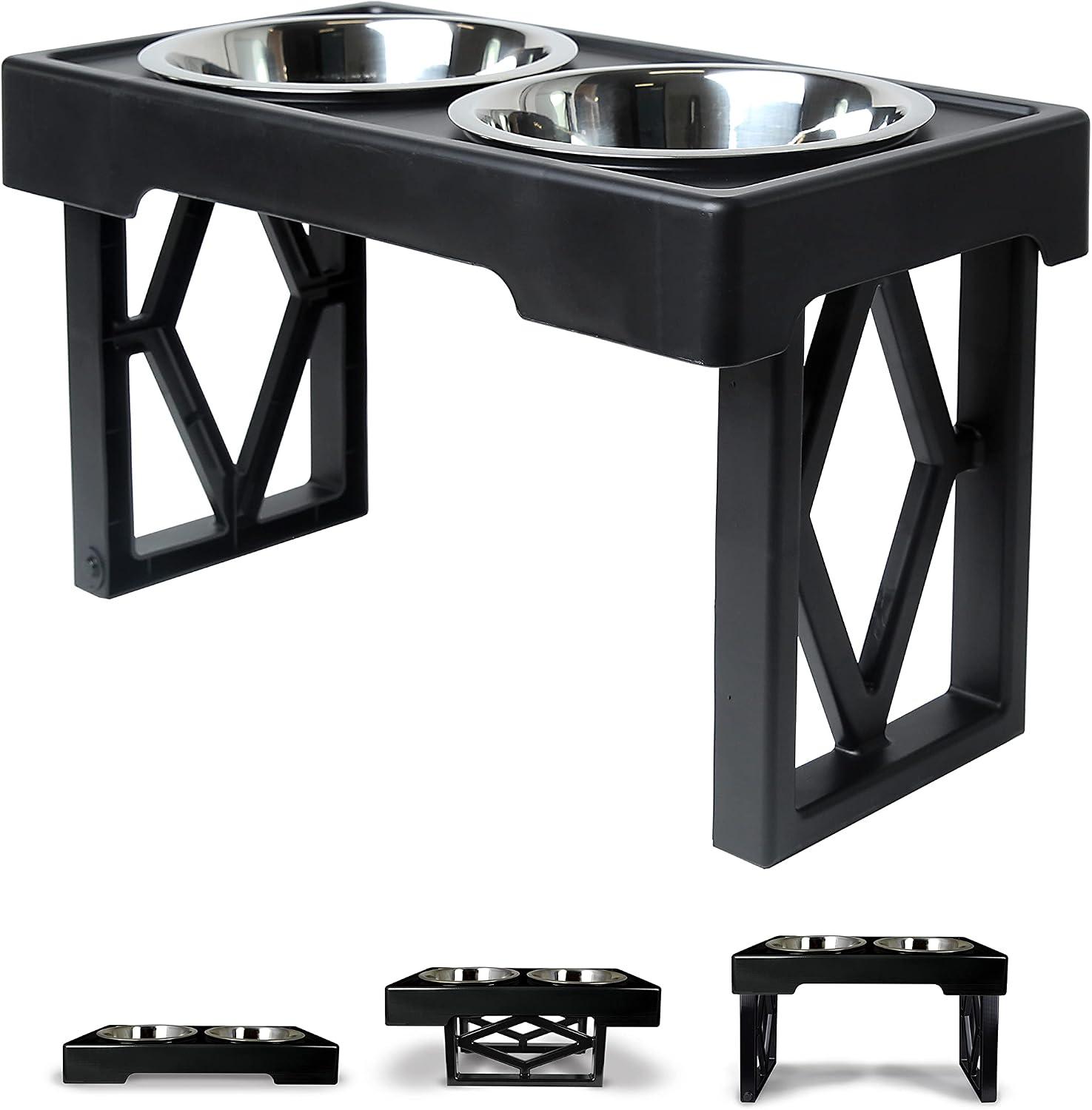 Adjustable height elevated feeding stand with two stainless steel bowls.