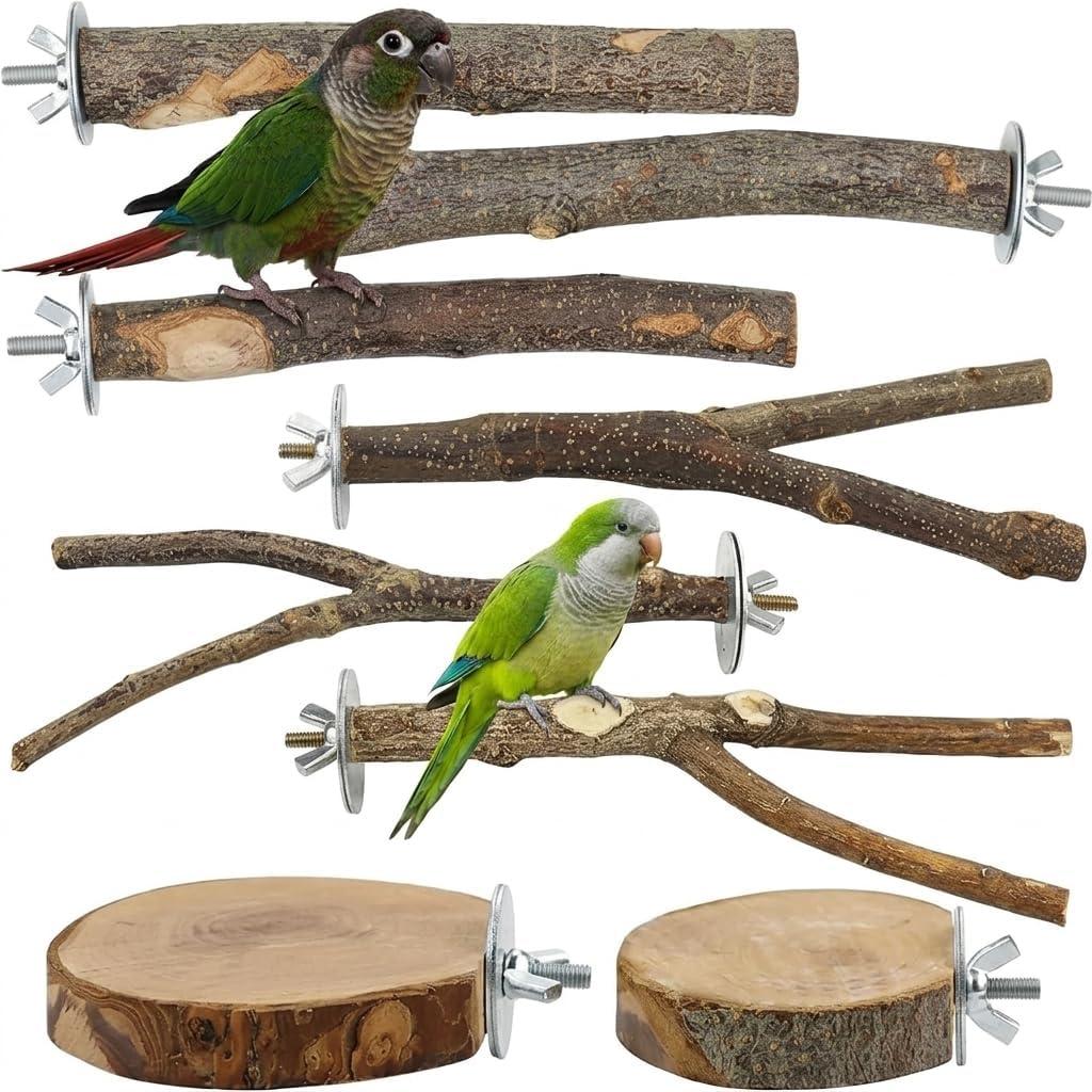 Assorted natural wood branch perches with stainless steel wing nuts and washers.