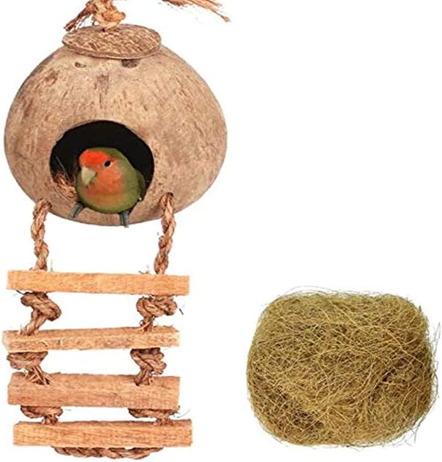 Hanging enclosed woven coconut fiber roosting nest pocket for finches.