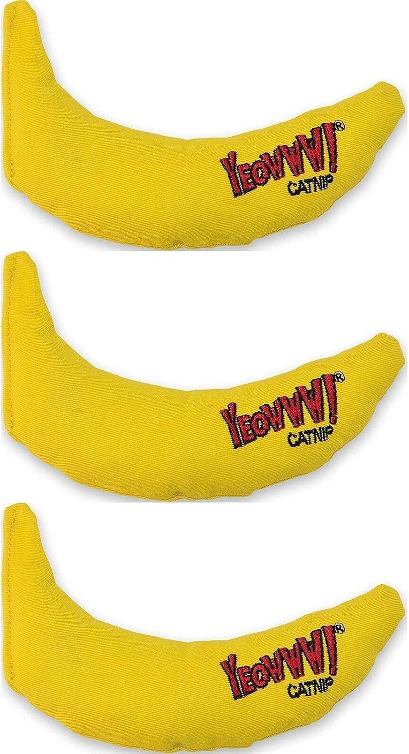 Bright yellow curved cotton canvas banana toy filled with pure organic catnip.