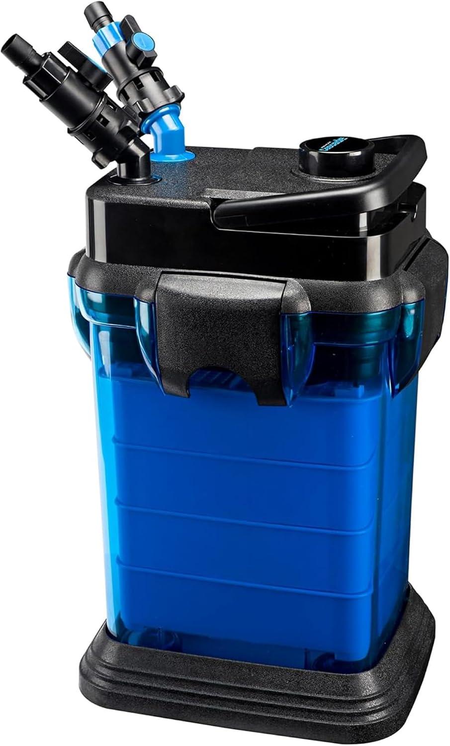 Large heavy-duty multi-stage canister aquarium filter with quick-disconnect valves.