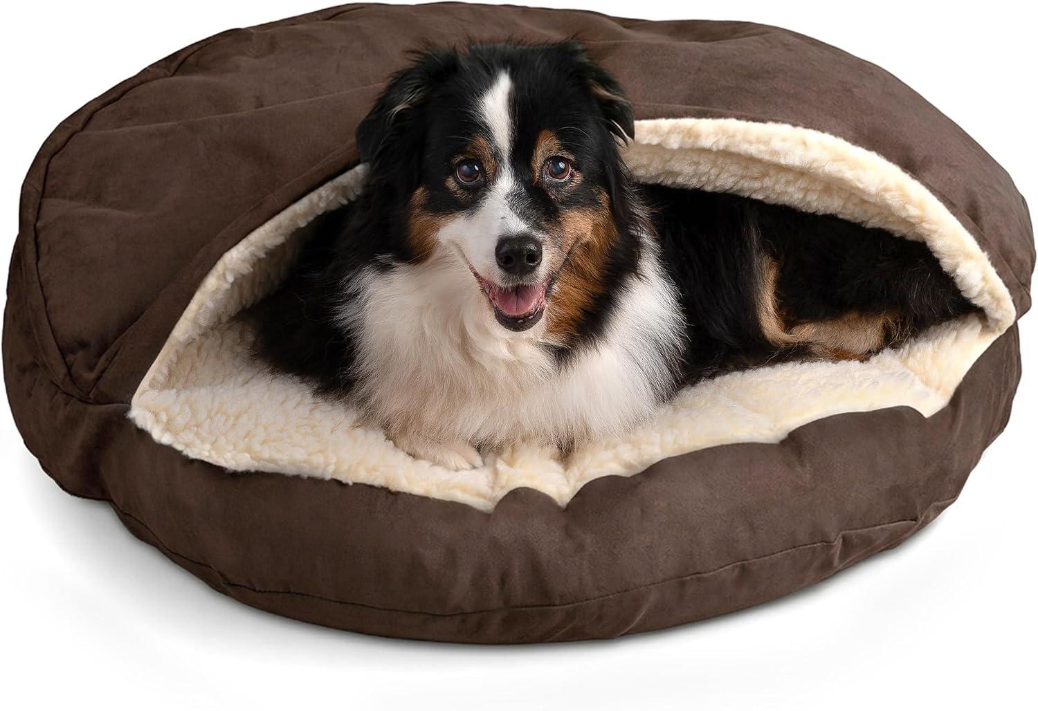 Round hooded sherpa-lined cozy cave nest bed for burrowing dogs.