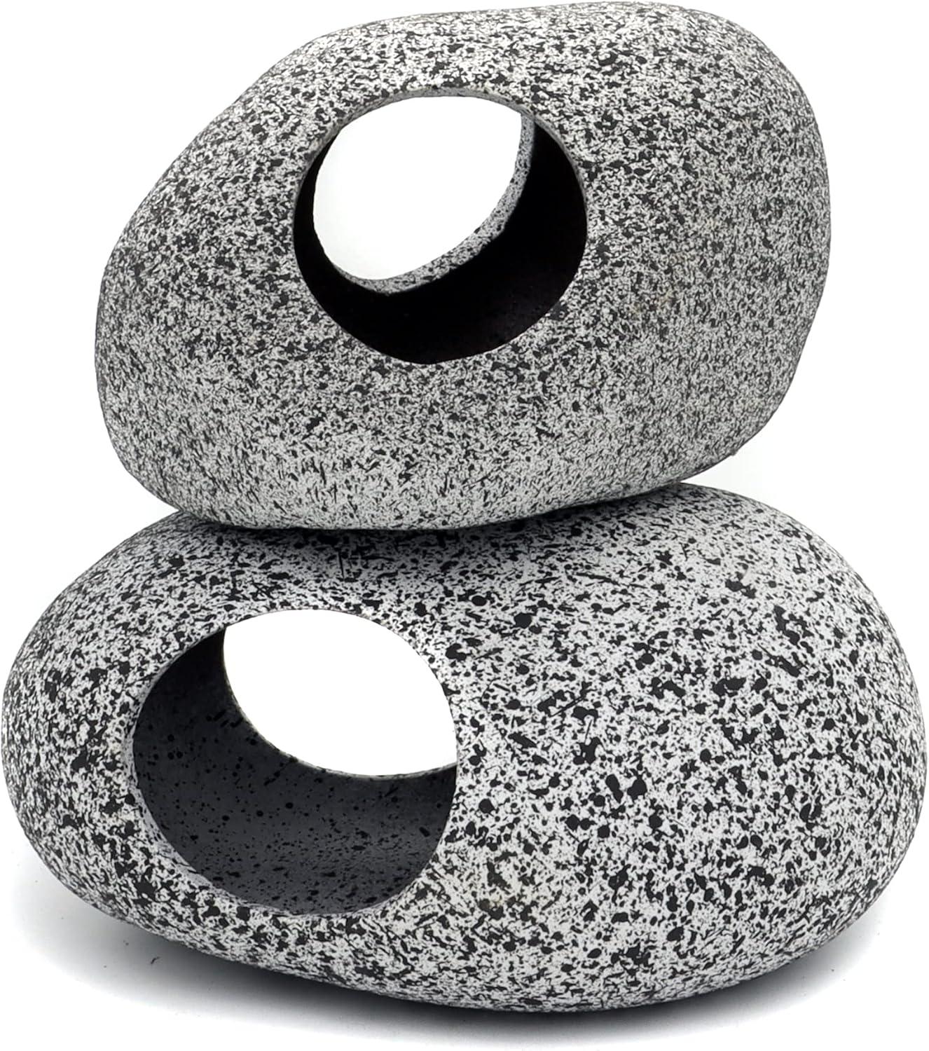 Smooth grey ceramic fish and frog shelter cave with rounded openings.