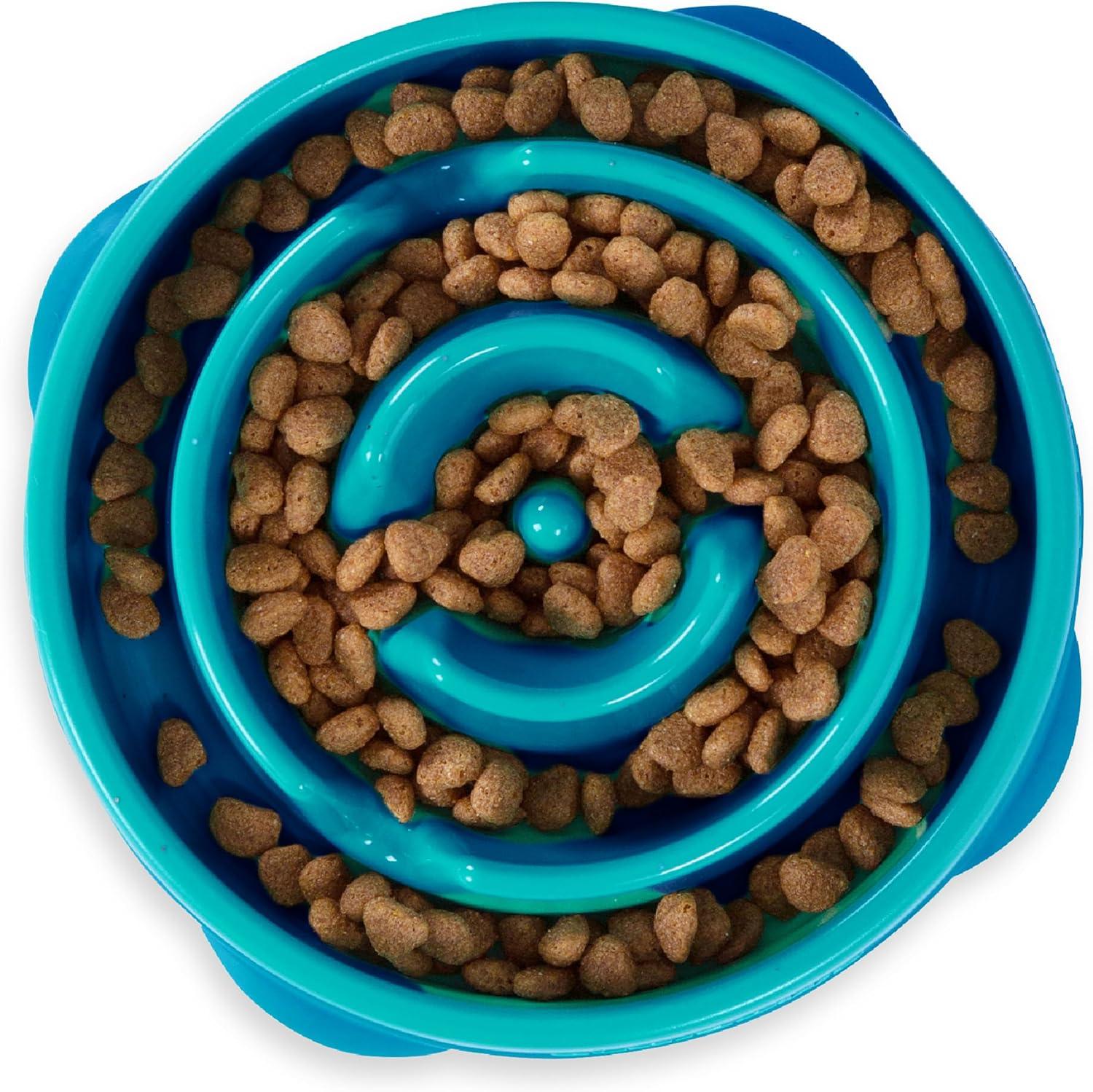 Teal spiral maze slow feeder bowl for medium and large dogs.