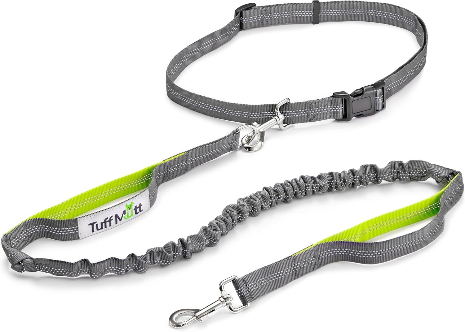 Hands-free waist belt leash with dual shock-absorbing bungee section.