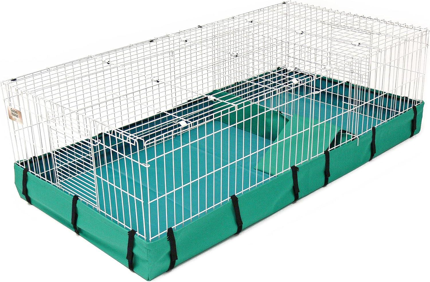 Spacious wire panel guinea pig cage with dividing panel and waterproof canvas bottom.