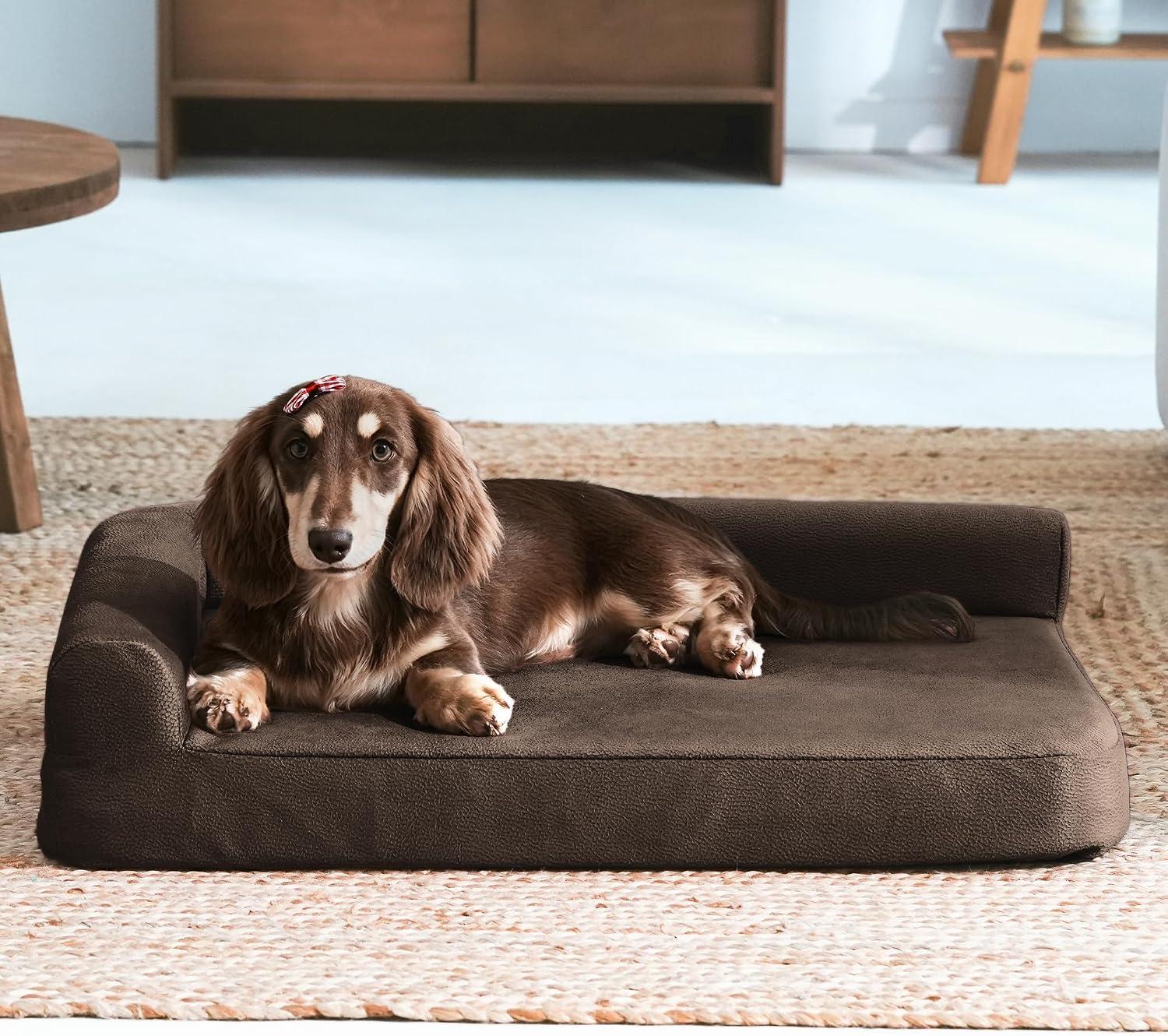 Orthopedic memory foam pet lounge bed with soft faux fleece rim.