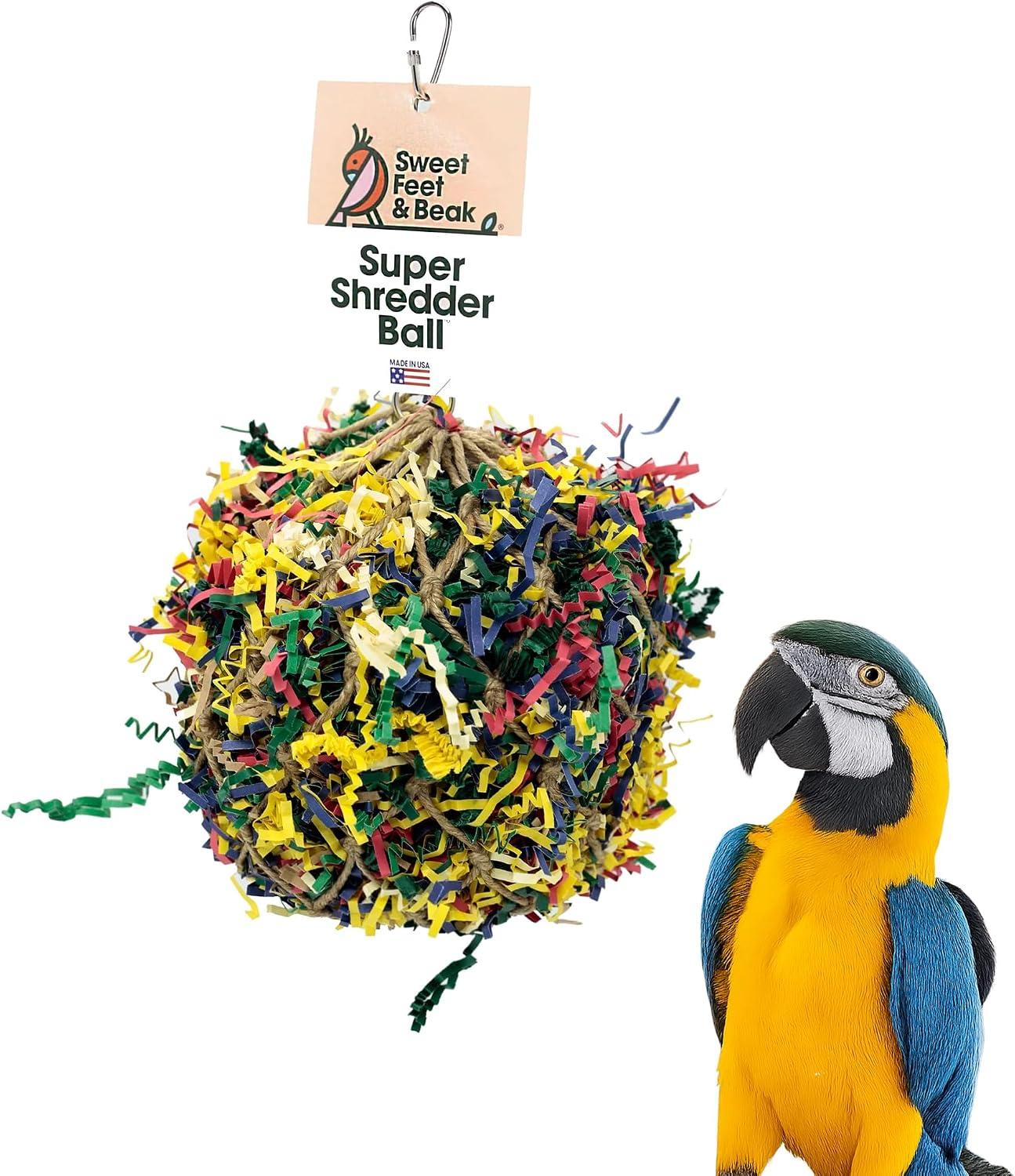 Hanging ball stuffed with colorful woven paper shredding ribbons for birds.
